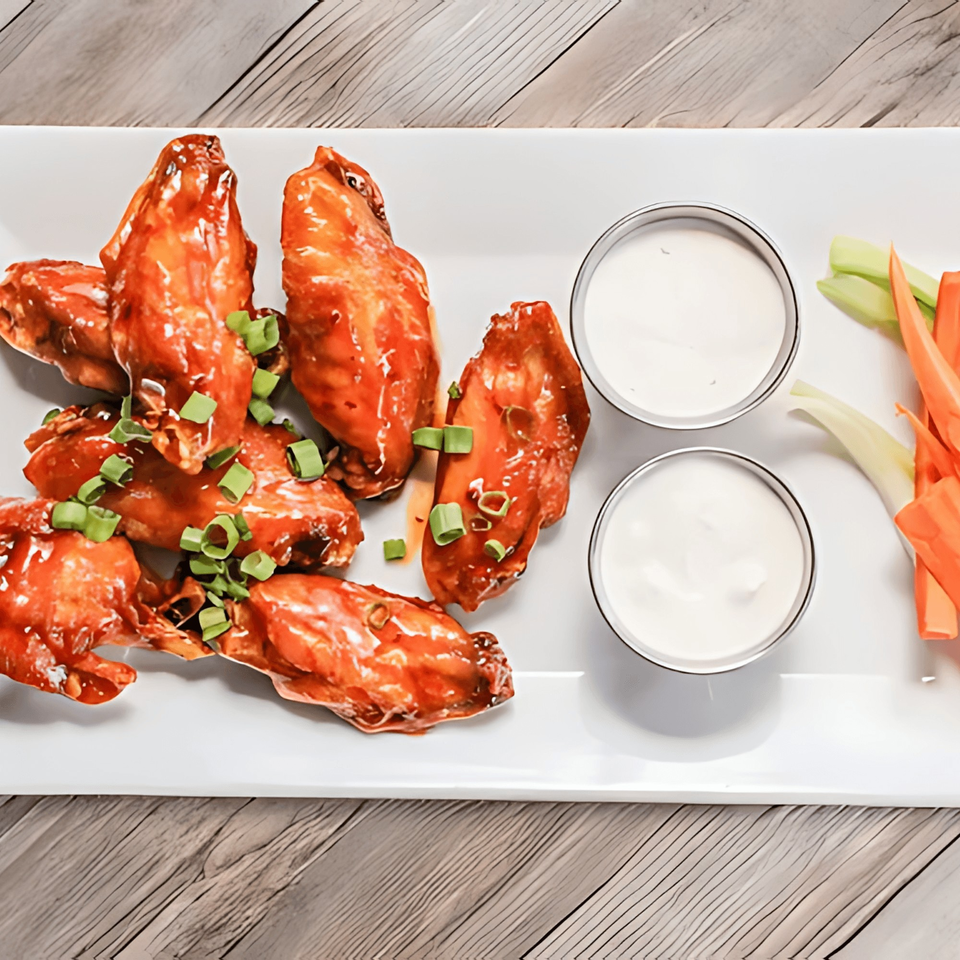 Peoples Choice Pizza's buffalo wings, garnished with green onions, served with dipping sauces and vegetables.