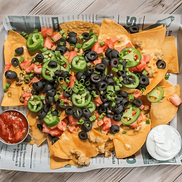A tray of loaded nachos with cheese, ground meat, olives, jalapenos, tomatoes, and green onions.
