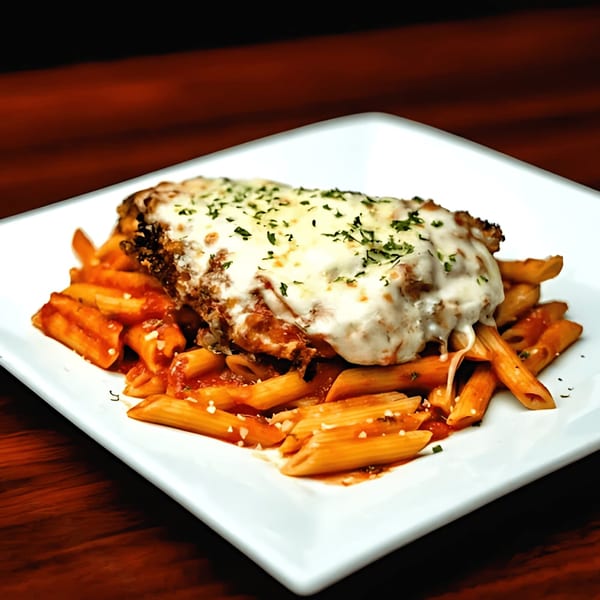 Chicken parmesan with melted cheese and parsley, served over penne pasta with red sauce on a white plate.