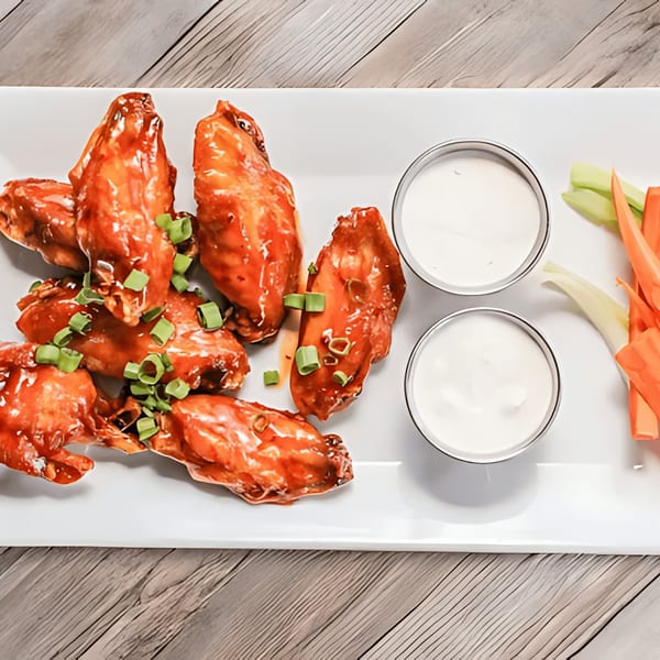 Peoples Choice Pizza's buffalo wings with green onions, two dipping sauces, celery, and carrots.