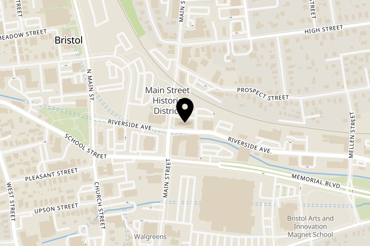 Map showing the location of Peoples Choice Pizza Bristol on 150 Main St in Bristol